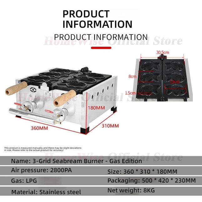 LX Taiyaki Maker Fish Waffle Machine Fish Cake Baking Machine 3 Pcs Fish Ice Cream Waffle Maker 1500W Non-stick Pan Gas/Electric