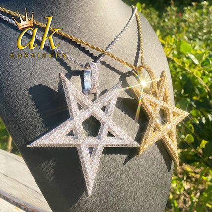 Aokaishen Iced Out Big Star Necklace Pendant for Men 5A Cubic Zirconia Prong Setting Hip Hop Jewelry