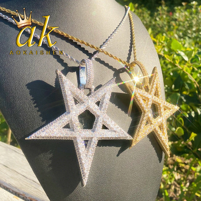 Aokaishen Iced Out Big Star Necklace Pendant for Men 5A Cubic Zirconia Prong Setting Hip Hop Jewelry