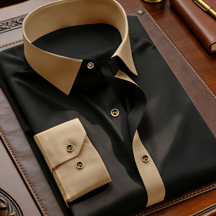 FGKKS Men Black Shirt Brand New High Street Patchwork Long Sleeve Smart Casual Elastic Man Business Dress Shirts
