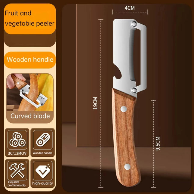Wooden Handle Stainless Steel Peeler, Multi-Functional Kitchen Gadget for Fruit and Vegetable Peeling and Slicing, Durable & Smooth