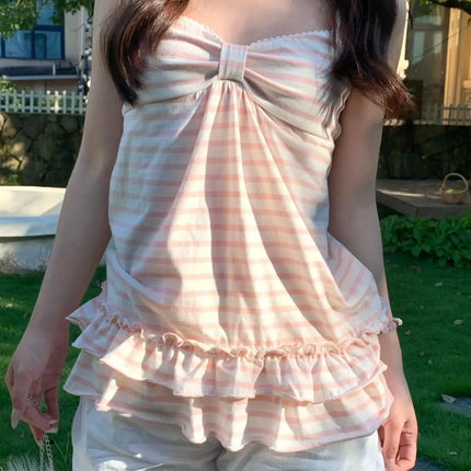 Deeptown Japanese Sweet Camis Women Kawaii Striped Pink Bow Sleeveless Vest Coquette Fashion Cute Summer Slim Up Ruffles Tanks