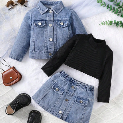 Baby Girl Autumn Trendy Three Piece Denim Jacket Black High Collar Knitted Top Denim Skirt Street Party Set