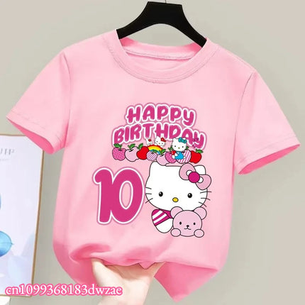 2026 New Hello Kitty Birthday Kids Short Sleeved Fashion Printed Boys and Girls Summer Clothes Short Sleeved Baby Cotton T-shirt