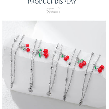 Teamer Enamel Cherry Charm Bracelet For Woman Gold Color Stainless Steel Double Bead Chain Fashion Birthday Friend Jewelry Gift