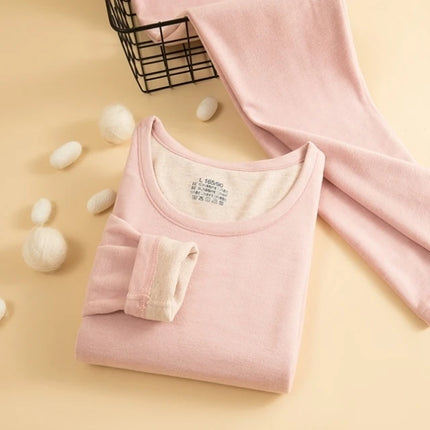 Thiened Fce Warm Underwear Set for Women round Ne Close-Fitting Pure Color Home Clothes Winter Thermal Suit