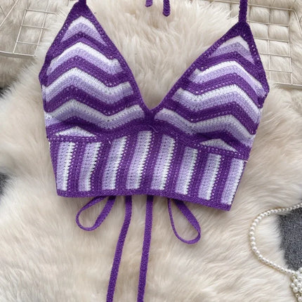 Beach Vacation Style Cami Top Women Design Sense Color Blocking Hook Flower Slim Fit Camisole Short Sexy Exposed Navel Crop Tops