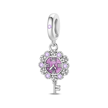 925 Sterling Silver Inlaid Heart-Shaped Beads & Rose Dangle Charm Fits Snake Bracelet Boutique Necklace Purple Pendant Gift