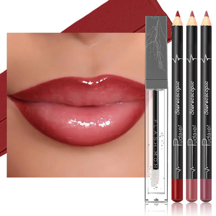 4-Piece Lip Liner and Lip Oil Set - Smooth, Long-Lasting Lip Liners for Defined Contours & Moisturizing Lip Oils