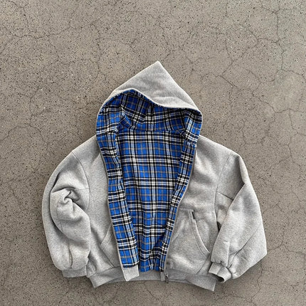 Mauroicardi Spring Oversized Reversible Hoodies Men Luxury Designer Clothing Hoodie with Plaid Lining Sweatshirt Streetwear 2025