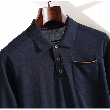 Spring and Summer New Polo Collar 100% Fine Wool Short Sleeve Men's Business Casual T-Shirt with Turn-down Collar and Pocket