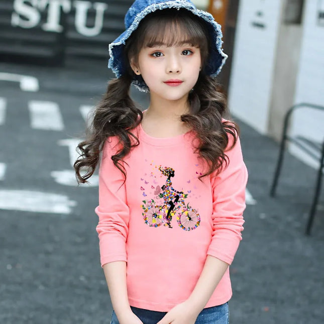 Kids T Shirt Floral Girl with Heart Bicycle Print Tops Girls Casual Cute Graphic Tee Shirt Long Sleeve Cartoon T-shirts