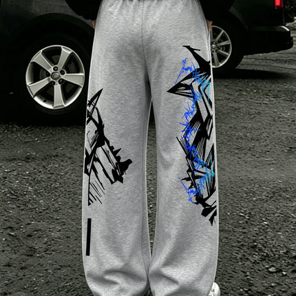 Y2K Abstract Blue Graffiti Geometric Print Mens Baggy Wide Leg Sweat Pants Loose Straight Drawstring Hip Hop Street Joggers