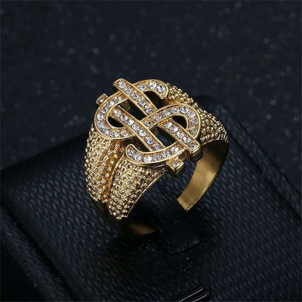 Hip Hop Iced Out Bling Dollar Signs Ring Gold Color Stainless Steel Rapper Money Big Rings For Men Party Jewelry Male Gift 2025