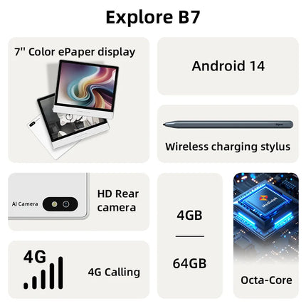 Bigme B7 ereader, 4+64GB, 7'' E-ink paper-like ebook reader, Android 14 OS, support Google Play, eye-comfort ebook w/ 4G calling