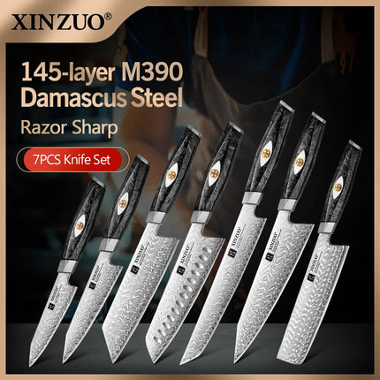 XINZUO 2PCS-7PCS Damascus Steel Knife Set With 145 Layers M390 Steel Black Carbon Fiber Handle Rust - Resistant  Gift Box
