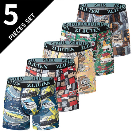 5 Pcs Men's Fashion Printing Long Underwear Boxer Shorts Holiday Wind Beach Shorts Comfortable Youth Sports Riding Stretch Pants