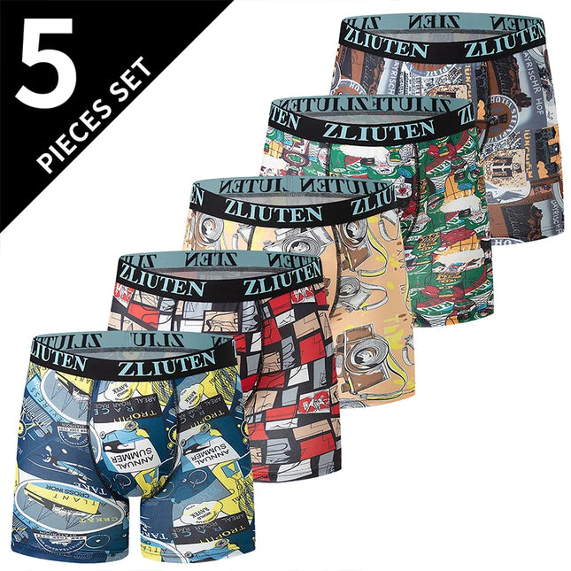 5 Pcs Men's Fashion Printing Long Underwear Boxer Shorts Holiday Wind Beach Shorts Comfortable Youth Sports Riding Stretch Pants
