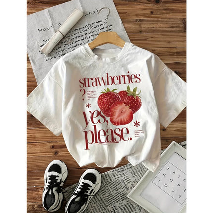 100% Cotton T-shirt Strawberry Graphic Print Women's Vintage Casual Printed T Shirt Round Neck Short Sleeve Top Tee
