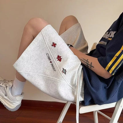 2026 Summer Men's Elastic Waist Casual Graphic Shorts Letter Print Patchwork Baggy Straight Shorts Y2K Fashion Preppy Bermudas