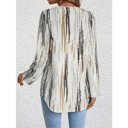 Plus Size Women's Casual New Casual V-neck Printed Fashionable Curved Hem Rolled Sleeve Shirt
