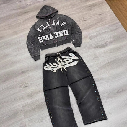 2026 New Retro Y2K Hot Diamond Letter Printed Sports Set, Hip Hop Punk Street Trendy Personalized Fashion Zipper Hoodie Pants