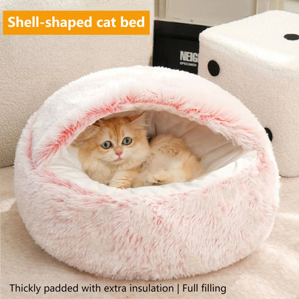 Semi-Enclosed Shell Pet Bed, Winter Warm Plush Cat Nest Soft Long Plush Cat Cushion Four Seasons Universal Kennel for Small Dogs