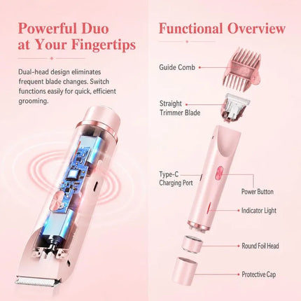 Bikini Trimmer for Women, 2-in-1 Electric Razor with Dual Heads, IPX7 Waterproof Wet/Dry Body Groomer for Bikini Line, Underarms, Legs & Face, Rechargeable Cordless Shaver