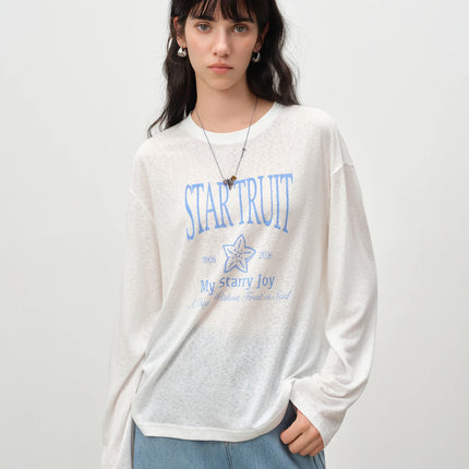 ZIQIAO Loose-fitting Linen Letter Printed T-shirt for Women Solid Long Sleeve Sheer Simple Trendy Casual Spring 2026 New Arrival