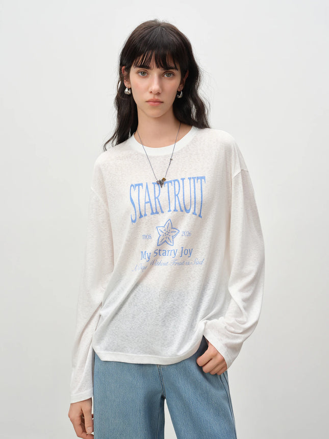 ZIQIAO Loose-fitting Linen Letter Printed T-shirt for Women Solid Long Sleeve Sheer Simple Trendy Casual Spring 2026 New Arrival