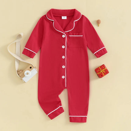 Baby Boys Girls Rompers Pajamas Patchwork Turn-Down Collar Buttons Long Sleeve Infant Jumpsuits Sleepwear Fall Nightwear
