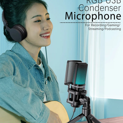 Zealsound RGB USB Condenser Gaming Microphone Computer Professional Mic For PC PS4 PS5 Mac Phone Recording Streaming Podcasting