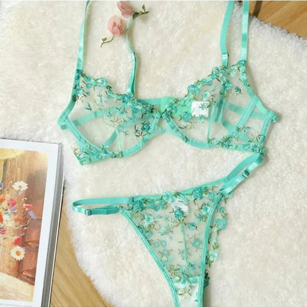YUQI French Elegant Lingerie Set-Floral Embroidery Semi-Transparent Bra & Brief,Black Sensual Women's Underwear Luxury Intimates