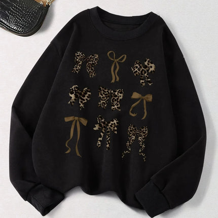 Retro Leopard Print Bow Printed Women Hoodies All-Match Fleece Casual Clothes Street Pullover Winter Autumn Woman Clothing