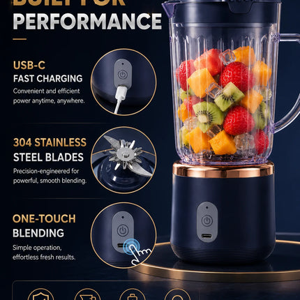 Food Grade 800ml Wireless Blender 1500mAh Battery 6 Blade Fruit Juicer Cup 30W Portable Smoothie Mixer For Shakes Drinks