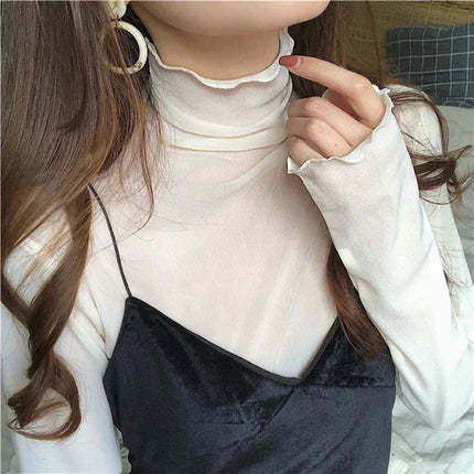 Sexy Women T Shirt See Through Transparent Mesh Tops Long Sleeve Sheer Slim Ladies Solid Turtleneck Silk T-Shirt Lace Crop Top