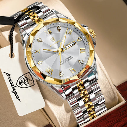 POEDAGAR Fashion Luxury Men Watch Top Original Waterproof Luminous Date Week Man Wristwatch Stainless Steel Quartz Men's Watches