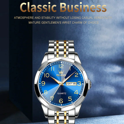 OLEVS Original Luxury Brand Watch for Men Waterproof Silver Stainless Steel Classic Casual Quartz Wristwatch Date Week Man Gift