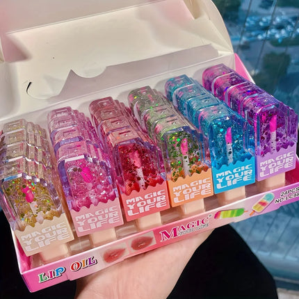 24pcs Cute Cat Sequin Lip Oil Love Shape Colorchanged Lip Gloss Girls Kawaii Natural Moisturizing Lips Makeup Party Gifts