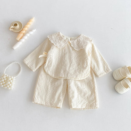 Baby girl lace collar top, wide-leg pants set, autumn girls' bow top, jacquard fabric pants two-piece set