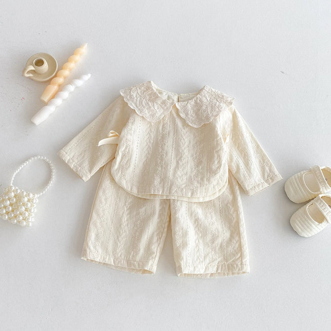 Baby girl lace collar top, wide-leg pants set, autumn girls' bow top, jacquard fabric pants two-piece set