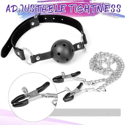 3-in-1 BDSM Bondage Set: Hollow Ball Gag with Nipple Clamps and Metal Anal Plug Adjustable Sensory Play Kit for Couples