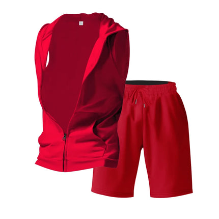 Men's Suit Sleeveless Hoodie Two-Piece Set | Fitness Training Zipper Hoodie Vest & Loose Drawstring Shorts Set (Multiple Colors)