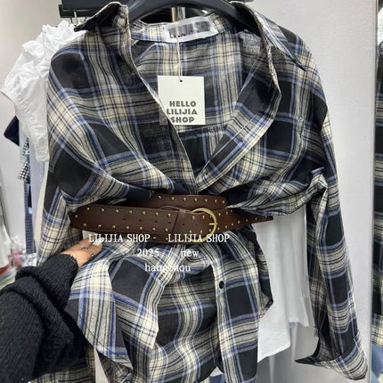 Loose Long-Sleeve Shirt Women's Korean Style Plaid Versatile Shirt with Belt, Slimming Effect, Early Autumn New Style Dongdaemun