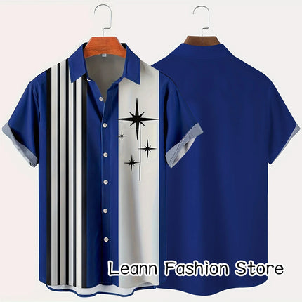 Men's Summer Poker Symbol Stripe Print Shirt Casual Beach Short Sleeve Clothing Male Button Lapel Collar Shirt Fashion Leisurewear