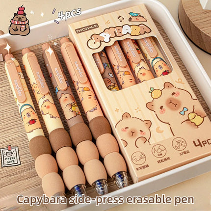 4Pcs/Box Kawaii Capybara Soft Sponge Pen Grip Side Press Erasable Pen Blue Ink Student Cartoon Neutral Pen School Stationery