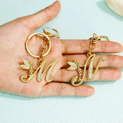 A-Z Rhinestone Elf Girl Letter Keychain Gold Color Initial Name Keyrings Girls Car Key Holder Handbag Purse Charms Decoration
