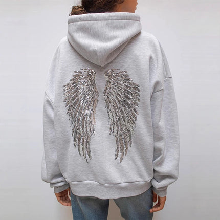 Black Oversized Hoodie Women Pink Sequin Angel Wings Back Graphic Heavy Glitter Sparkly Detail  Casual Fashion Pullover Jacket