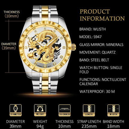 WLISTH Men's Watch 3D Golden Dragon Original Quartz Watch for Men Dragon Dial Waterproof Luminous Date Stainless Steel Watches