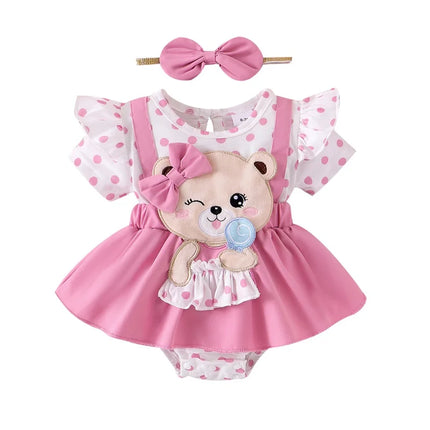 Pudcoco Baby Girls 2Pcs Summer Outfits Short Sleeve bear Embroidery Romper with Headband Set Newborn Clothes 0-18M